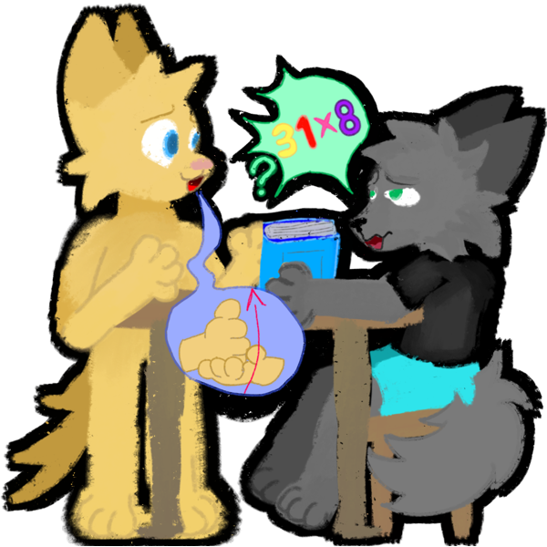 on the right there is a grey wolf sitting at a brown table, on the left side there is a yellow wolf standing by the table,by, there is a green speech bubble with spikes coming from the grey wolf with an image of a yellow 3 a red 1 a pink tikes symbol and a purple 8, there is a blue speech bubble from the other wolf replying with the ASL symbol for help.